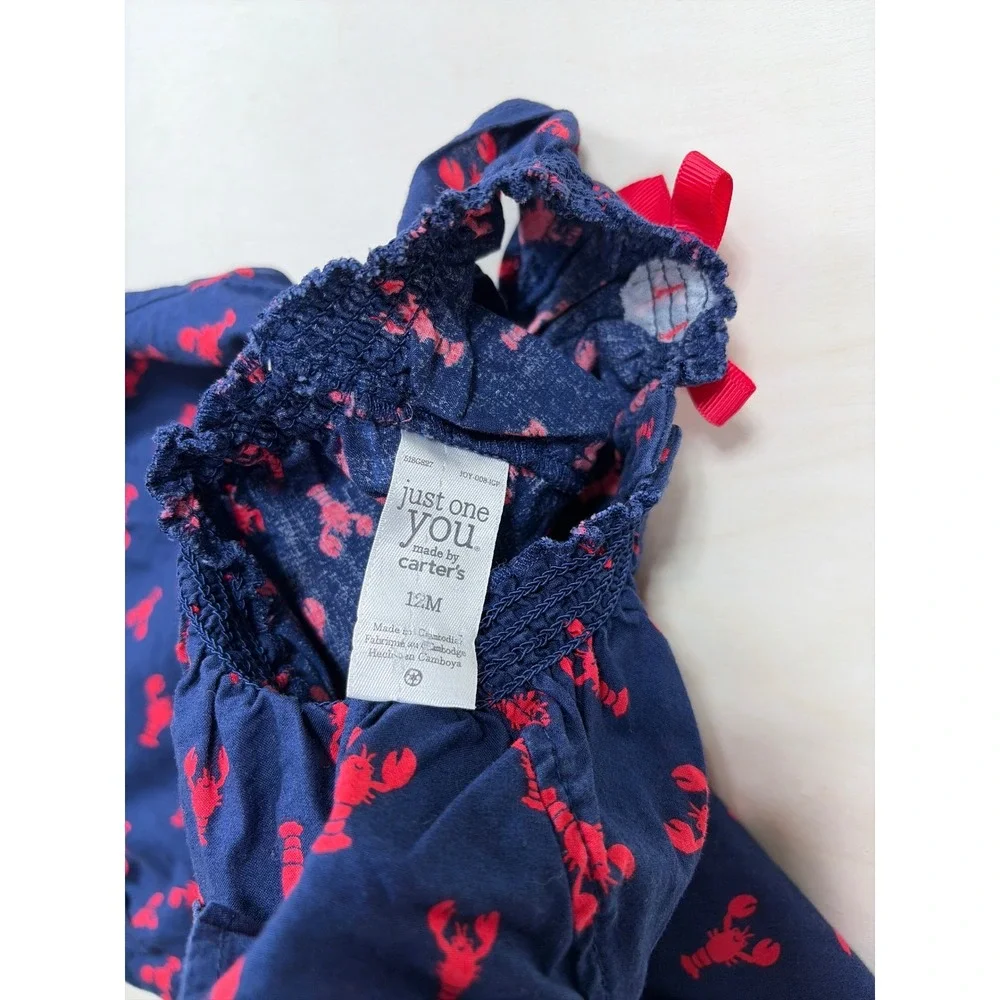 Just One You Carters Baby Girl Lobster Romper Navy Blue Red 12M Bubble One Piece